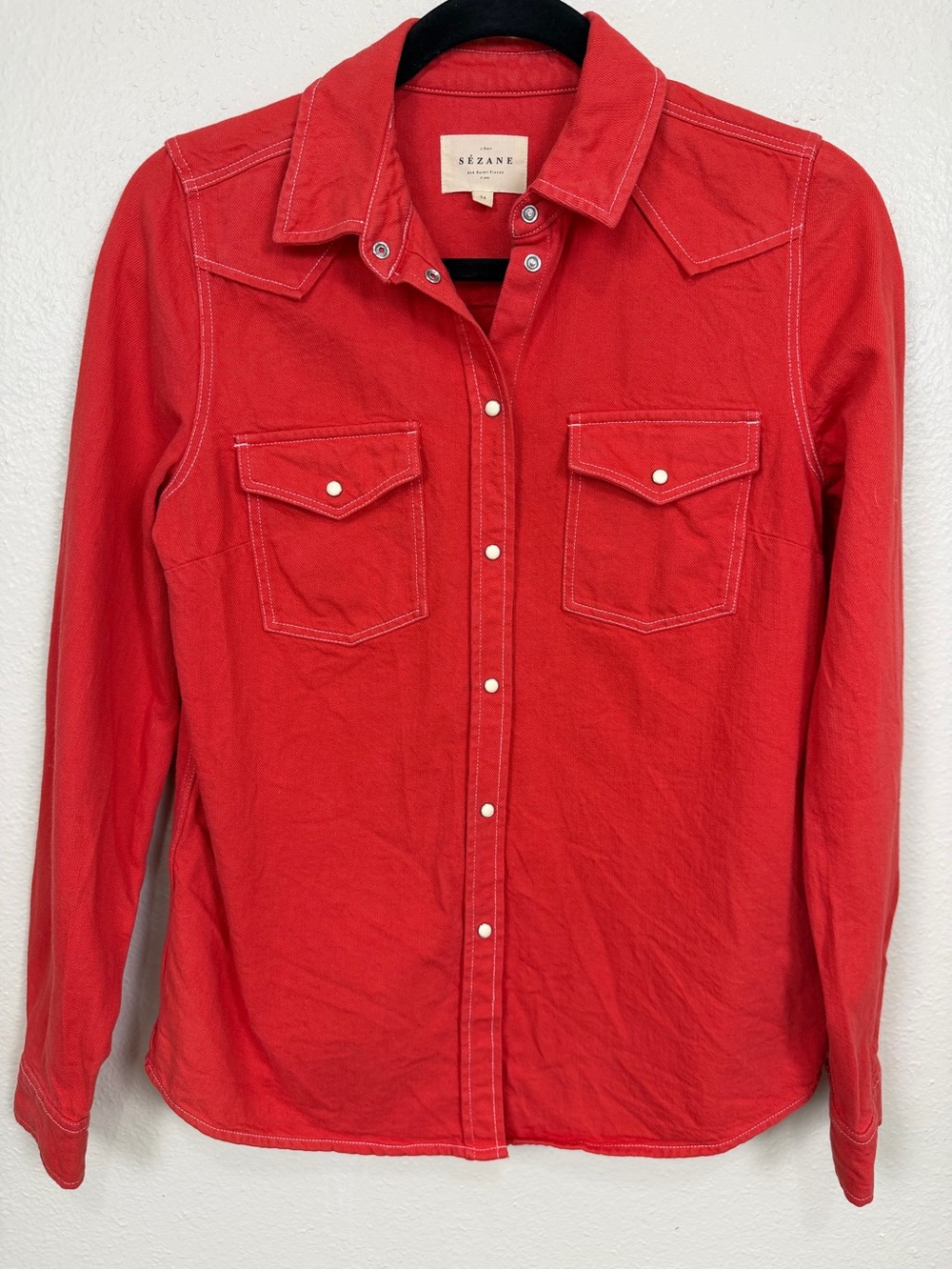 Sézane Red Western Snap Shirt Contrast Stitch Size 34